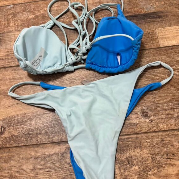 SHEIN Women's Vacation Blue Two Toned Tie Strappy String Beach Large Bikini Set - Picture 2 of 3